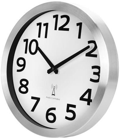 Crosstime Wanduhr Funk mit Aluminium Rahmen Große Zahlen,Funkuhr Wand Lautlos Geräuschlos für Küche Wohnzimmer Schlafzimmer Badezimmer Büro,30 cm Silber/Weiß
