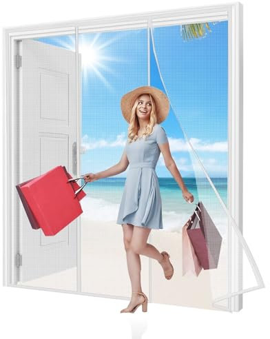 Fliegenvorhang TüR DraußEn 140x195cm Weiß Fliegengitter Tür mit Magnetbändern | Insektenschutz Tür für Wohnwagen | Magnet Moskitonetz