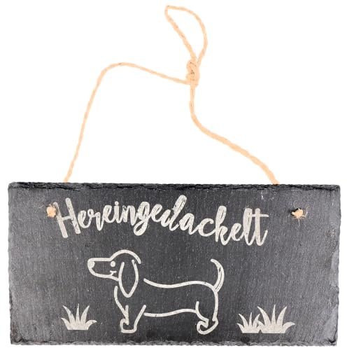 Spruchreif | Wetterfestes Schieferschild mit Gravur „Hereingedackelt“ | Türschild aus Schiefer mit Kordel | Willkommensschild für Hundebesitzer & Geschenkidee für Dackel-Liebhaber