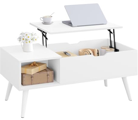 WOLTU Tavolino da Caffè Sollevabile e Allungabile, Tavolo con Spazio Interno e Scomparto Aperto, Tavolino da Salotto per Soggiorno, 100x50x(43-57) cm, Bianco, BTS26ws