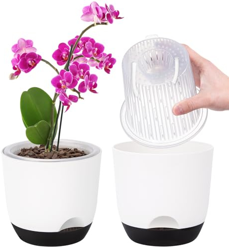 2er-Set Orchideentopf Groß, 18,2 cm Doppelschicht-Design – Transparenter Selbstbewässerungstopf mit Übertopf, Orchideen-Bewässerungssystem, Blumentopf für Orchideen(Weiß)