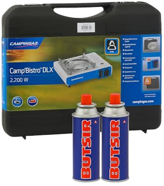 FYSHOP | Pack Camp Bistro DLX Combo Hornillo y Plancha + 2 botes de gas | Potente hornillo de camping con 2 cartuchos de gas y maletín de transporte. Ideal para senderismo y camping