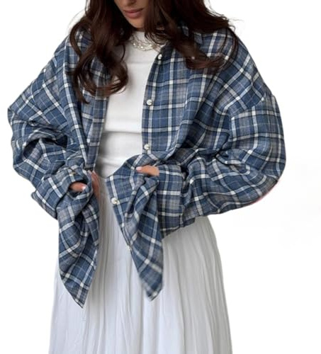 Vagbalena Mode féminine à Manches Longues Bouton à Carreaux Flanelle Revers Chemise Ample à Carreaux à Manches Longues Poche Chemise vêtements Vintage lâche Streetwear