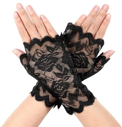 Yolev Fingerless Lace Gloves Elegant Short Lace Gloves for Tea Party Bridal Prom Wedding Dinner Party Funeral Cosplay Halloween(Black)