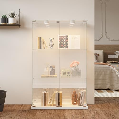 SUNFECILI Vitrinskåp av glas med 3 nivåer, vitrinskåp med lås, glasvitrinskåp 123,3 x 35 x 78,5 cm, stående vitrinskåp med LED, modernt samlarskåp, smart vitrinskåp (dubbeldörr + trappljus, vit)
