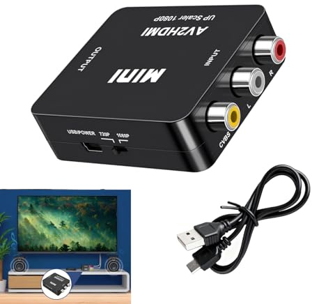 RCA to HDMI Adapter, AV to HDMI Converter, 1080P HDMI Converter Composite, CVBS Video Audio Converter with USB Power Cable, Supports PAL/NTSC, Compatible with Xbox, PS2, PS3, Wii, N64, DVD, VCR, VHS
