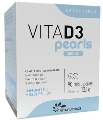Vitanutrics - VITAD3 PEARLS 3000 UI - Vitamine D3 - Immunité, Muscles, Os - Formule Hautement Concentrée, 100% d'Origine Naturelle - 90 Micro-Perles, Faciles à Avaler
