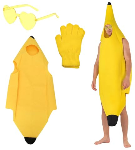 FUIPVGI 3 Piece Divertido Disfraz De Plátano para Adultos Disfraces Fruta con gafas y guantes, Disfraz Plátano Adulto Hombr Mujer Fruta Unisex, para carnaval, Halloween y cosplay (Amarillo)