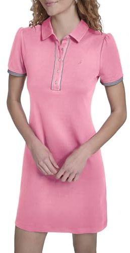 Nautica Women's Short Sleeve Polo Collared Knit Dress, Peony, Medium