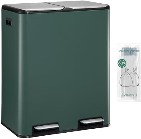 Hzuaneri Papelera Cocina Reciclaje, Doble Compartimento con Pedal Cubos de Basura 60L (2 x 30 L), Sistema de Separación de Residuos, 15 Bolsas Exclusivas, Verde Oscuro SW06099C