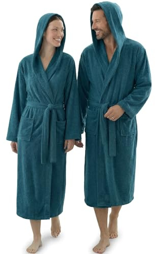 Accappatoio Uomo Donna in Spugna di Cotone Premium Puro al 100% - Morbido 480gr/m2 Unisex - Massimo Comfort e Super Assorbenza, Soffice sulla Pelle con Cappuccio, Cinturino e Tasche (Ottanio, S)
