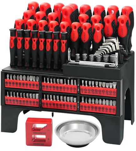 Set di cacciaviti da 118 pezzi, con cacciaviti magnetici, punte e chiavi a brugola, cacciavite a mano, supporto in plastica, rosso