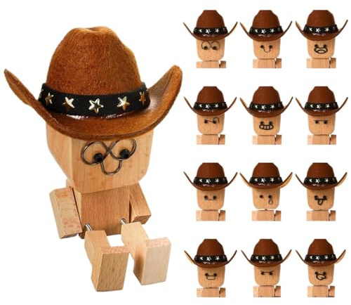 Generisch Wackelfigur Auto Holz | Schüttelmann mit 12 magnetischen Ausdrücken & Cowboy-Hut | Wackelnder Holzmann Armaturenbrett Deko | Lustige Holzpuppe Handgefertigt für Schreibtisch & Auto-Zubehör.