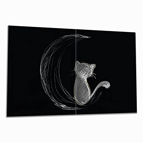 Wallario Herdabdeckplatte/Spritzschutz aus Glas, 2-teilig, 80x52cm mit 8 mm hohen Füßen, für Ceran- und Induktionsherde, Katze sitzt auf dem Mond - illustriert in weiß auf schwarz