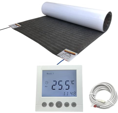 Elektrische Fußbodenheizung HoWaTech Lux Folienheizung für Renovierung Laminat Parkett Vinyl Komplett Set Heizfolie 80 W/m² inkl. Thermostat mit Wochenprogramm, Folienlänge & Fläche:2.5m / 1.25m²