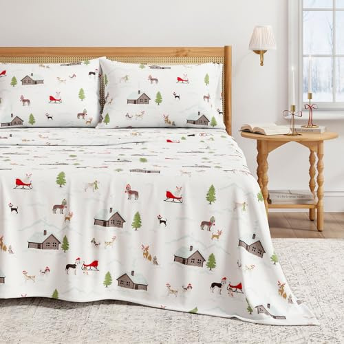 Great Bay Home 100% Turkish Cotton Queen Size Flannel Bedding Set, Deep Pocket, Soft Christmas Sheets, Warm, Anti-Pilling Flannel Bed Sheets (Queen, Winter Puppies)