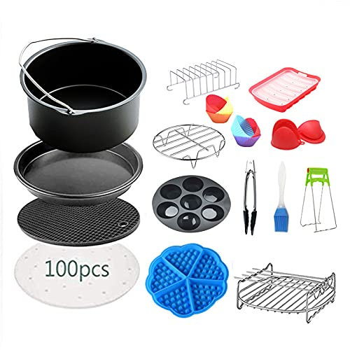 scosao 15 Stück Heißluftfritteuse Zubehör Set, Airfryer Zubehör Fritteusen für 3.5QT-5.8QT Luftfritteusen Alle Marken, mit Antihaft Kuchenform, Pizza Pan, Grillrost, Silikonmatte, Kein BPA,8in
