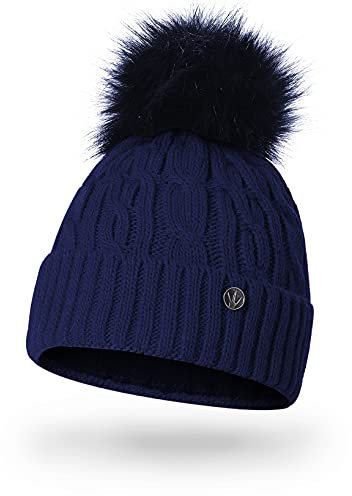HEYO Damen Wintermütze mit Fleece Innenband H18527 | Slouch Beanie Winter Mütze | Warme Strickmütze mit Bommel | Bommelmütze (Dunkelblau)