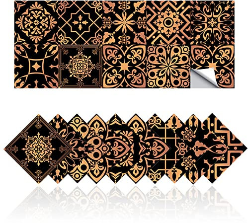 Cendray Adesivi per Piastrelle, Nero Oro Retro Adesivi per Piastrelle per Bagno Cucina, Antiolio Impermeabile PVC Autoadesivo Decorazione Stile Marocco (20,15x15cm)