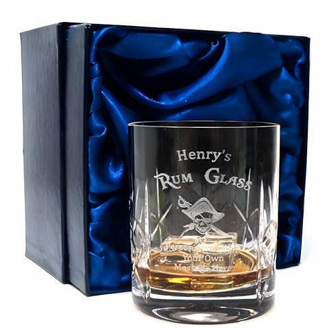 Regalo Personalised Crystal Glass Tumbler - Rum Design | Custom Laser Engraved with Any Name | 10oz Diamond Cut Tumbler for Spiced & Dark Rum Over Ice | Approx. 9.5cm x 8.3cm (Silk Lined Gift Box)