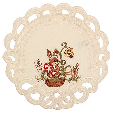 Quinnyshop Ostern Deckchen Häschen Ostereier Stickerei Ecru Creme Leinen Optik ca. 20 cm Rund