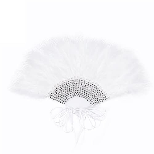 vepoty Elegant Feather Fan Pearl Rhinestone Handheld Fan Wedding Bridal Fan White Hand Fan for Costume Dancing Show