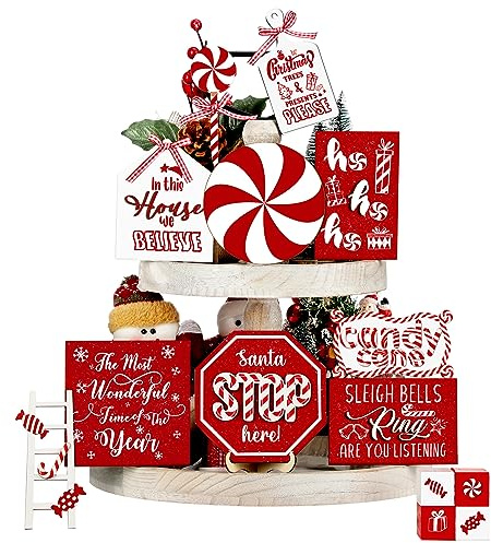 Mifoci 14 Pcs Christmas Tiered Tray Decor Christmas Decorations Snowman Santa Candy Wood Sign Xmas Table Centerpiece Farmhouse Rustic Table Decor for Winter New Year Home Tabletop | Farmhouse Peppermint Decoration, Red and White, Winter Tabletop Decor, for Kitchen Home Room Shelf Fireplace