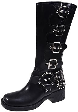 Stivali da Cavaliere con Fibbia Metallica a Testa Tonda stivale da Donna a Tacco Grosso in Pelle Morbida Western Retro da Cowboy