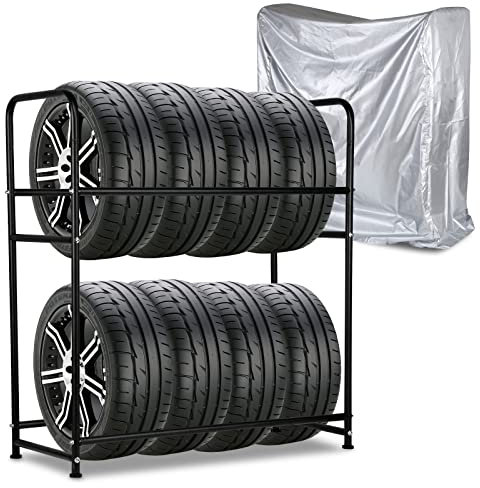 Ansobea Reifenregal 8 Reifen, Reifenständer 107 x 46 x 117cm,Felgenbaum für Autoreifen Ladekapazität 180kg,Felgenregal mit Reifenschutzhülle,Höhenverstellung Lagerregale für Reifen,für Garage