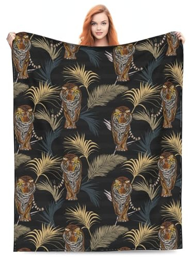 Tiger Gifts Blanket Fleece Throw Floral Tropical Palm Leave Tiger Animal Print for Men Boys Soft Lightweight 80 x 60 Bedroom Birthday Decorations Christmas Decor Travel All Season Abstract Summer