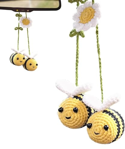 Ungtyb Gehäkelte Biene Auto Ornament | Gestrickte Biene Anhänger | Glasanhänger für Rückspiegel