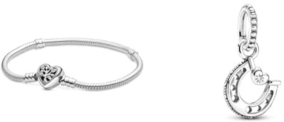PANDORA Armband Moments Herz Familienbaum 598827C01 & Glückshufeisen Charm-Anhänger, Sterling-Silber799157C01