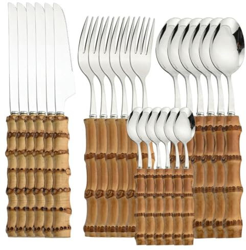 MYDESIDY Set di stoviglie da 24 Pezzi Set di Posate in Acciaio Inossidabile con Manico in bambù Set di Posate Stoviglie Coltello da Bistecca Posate