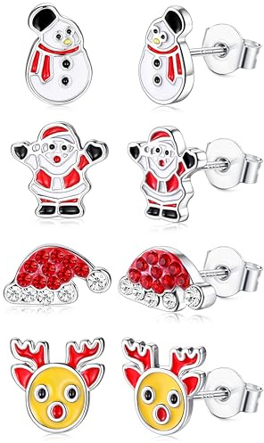 Finrezio 4 Paar Weihnachts Ohrringe Silber Ohrstecker für Damen Mädchen Weihnachtsohrstecker Hypoallergene Schneeflocke Rentier Weihnachtsmütze Ohrringe Geschenk für Weihnachten Geburtstag