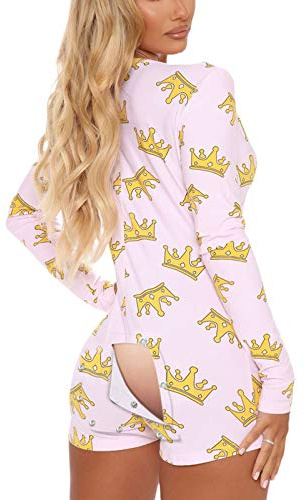 ICNGLKSND Women Sexy Long Sleeve Bodycon Short Jumpsuit Butt Flap Romper Button Up One Piece Valentine Overall Sleepwear (White Crown, S)