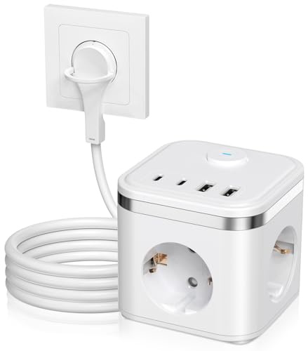 Steckdosenwürfel mit USB, 3 Fach Mehrfachsteckdose mit Schalter, Steckdosenleiste mit 2 USB A +2 USB C, 7 in 1 Steckdosenverteiler mit 2M Kabel, Flachstecker Mehrfachsteckdose für Büro Reisen, Weiß