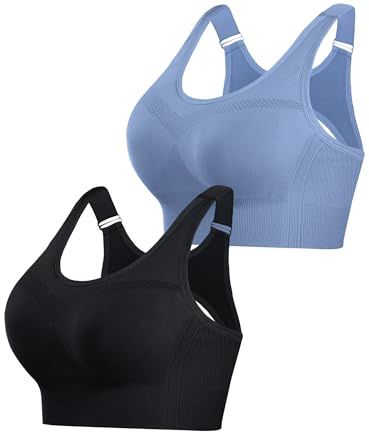 Litherday Sujetador Deportivo Mujer Alto Impacto Push Up Top Deportivo Sin Costuras con Espalda Ajustable Bra Deportivo de Alta Sujeción para Fitness Yoga Negro + Gris Oscuro Azul M