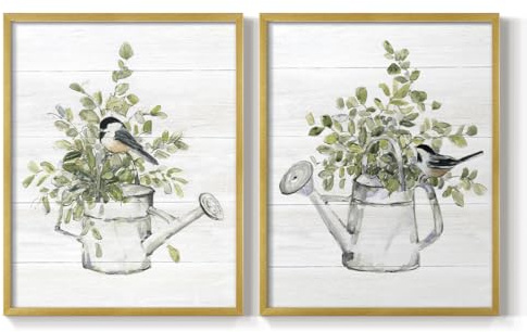 Renditions Gallery Set of 2 Peel & Stick Framed Prints, Garden Wall Art, Vintage Watering Can with Bird Wall Decor, Re-Stickable - Ready to Hang - 8x10 - GOLD Frame LT590