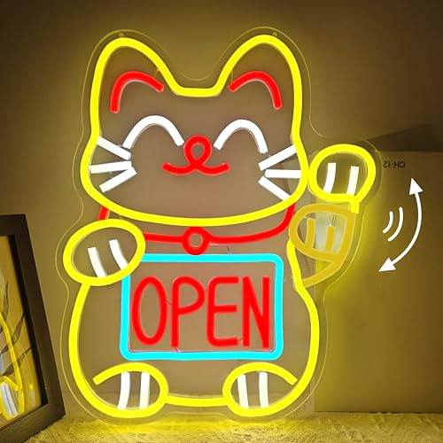 Jeanchrl Waving Lucky Cat Neon Sign Open LED Signs for Japanese Room Decor Dimmable Fortune Cat Neon Light for Restaurant Ramen Shop Boutique Maneki Neko Light Up Sign Shop Decor Business Openings