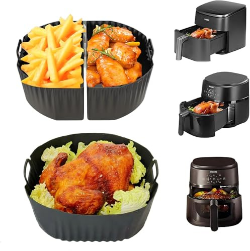 Molde Silicona Freidora de Aire, 3 pcs Bandeja Moldes para Air Fryer Reutilizable Recipientes Cesta Utensilios Accesorios para COSORI 5,5L/6L/6,2L/6,4L, Philips XL 6,2L/8,3L, XXL 8L