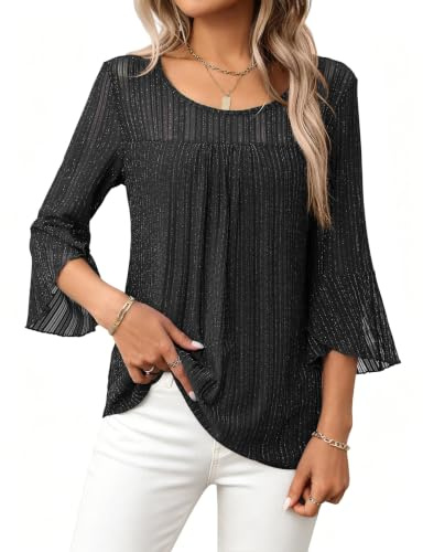 Heersan Camisas para Mujer Elegante Manga 3/4 Cuello Redondo Blusa Suelta Transpirable con Volantes Camiseta Ligera para Primavera Verano Otoño
