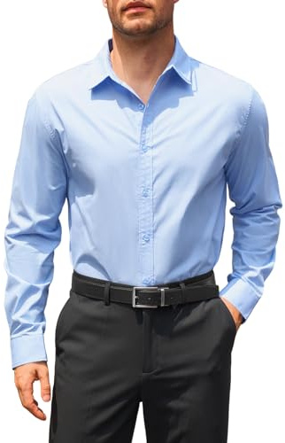 Runcati Camicia da uomo a maniche lunghe, vestibilità regolare, camicia da lavoro, tinta unita, cotone, camicie casual formali con bottoni, Azzurro, M