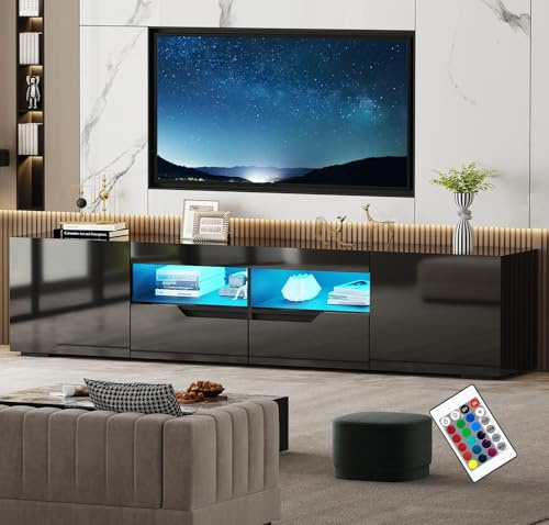 LSBIKE Hochglanz TV Schrank 200 cm mit 16 LED Farben – Modernes TV Lowboard für 65–85 Zoll Fernseher, TV Möbel mit 2 Schubladen & Schränken, Griffloses TV Board für Wohnzimmer (Schwarz)