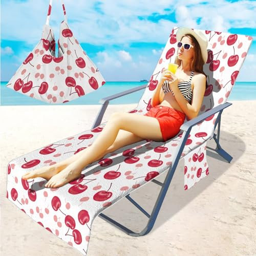 Treer Microfiber Beach Chair Cover Towel, Fruit Print Beach Sunbed Towels, 210 x 75 cm Portable Sun Lounger Cover with Pockets, Slipcovers for Garden Vacation (White Cherry,210x75cm)