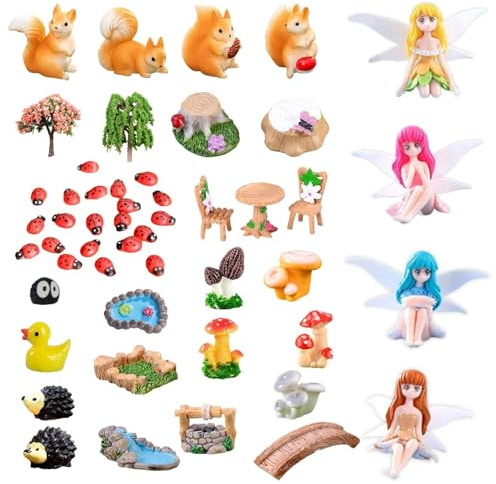 55PCS Fairy Garden Accessories, 4 Miniature Flower Fairies with Miniature Fairy Garden Ornament, Tiny Fairy Animals Dollhouse Sets With Well, Bridge, Pond, Mushrooms, Tree, Micro Landscape Decorations