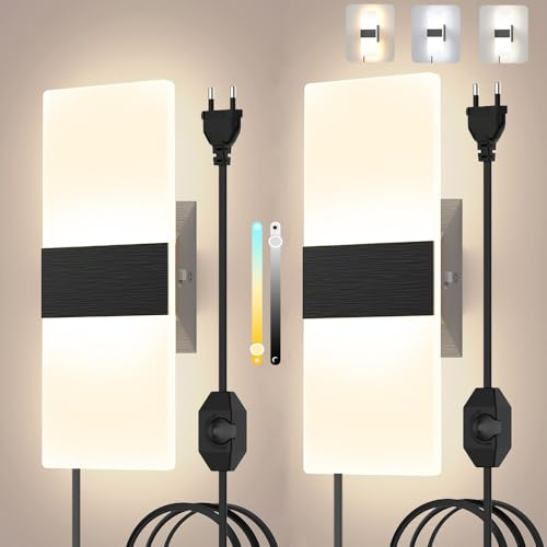 Sytmhoe 2 Stück Schwarz Wandleuchten Mit Schalter Dimmbar, 12W 960LM Schlafzimmer Nachttisch Wandlampe Mit Stecker Und Kabel, 3000K 4500K 6000K Led Wandlichter Für Treppenhaus Kinderzimmer Wohnzimmer