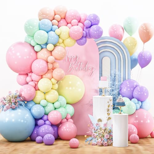 PartyWoo Pastel Balloon Arch Kit Garland 142pcs Different Sizes of 18 12 10 5 Inch Light Baby Pale Pink Blue Green Purple Yellow Orange Balloons for Baby Shower Graduation Birthday Party Decorations