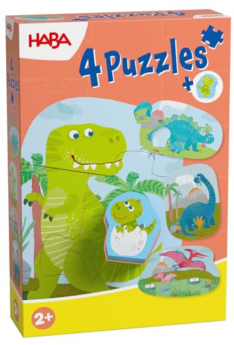 HABA 4 Erste Puzzles – Dinosaurier-Puzzle ab 2 Jahren mit 4 Motiven & beidseitiger Holzfigur – Fördert Kreativität & Fantasie – 2012186002