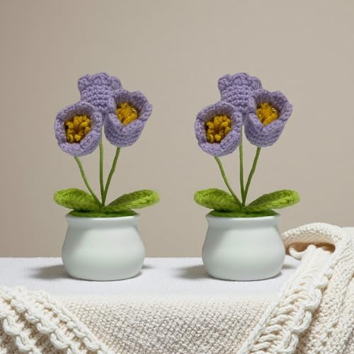 2-Pack Knitting Flowers Potted Plants Handmade Crochet Lily of the Valley, Floral Arrangement in Mini Pot, All-Season Botanical Decor for Home, Office & Gifts (Purple)