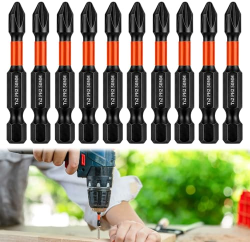 10Pcs 50mm PH2 Impact Duty Screwdriver Drill Driver Bit Set Strong Magnetic | for Phillips Screwdriver Bits S2 Steel Anti Slip 1/4 Inch Hex Fitting for Mechanical Home Appliance Repair Furniture Assembly